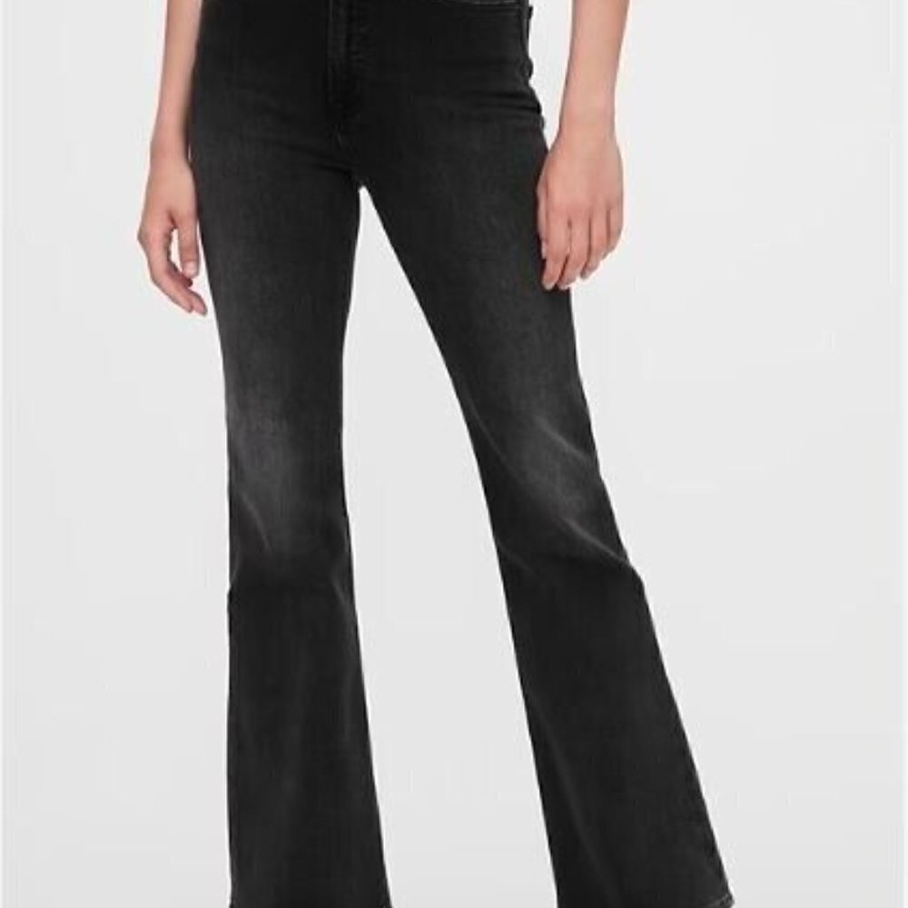 GAP High-Rise Black FLARE Slimming Jeans Size 16/33 PETITE Boho 90's Y2K Vibes - Picture 3 of 6